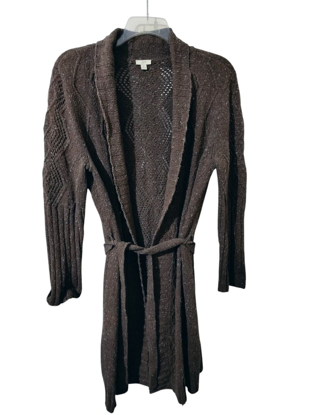 5867)J. Jill Brown Open Front Crochet Knit Speckled Belted Cardigan Sweater Med